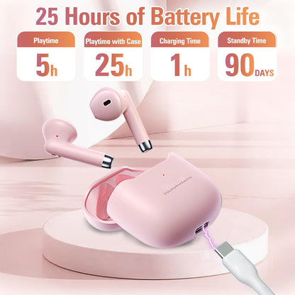 Pink True Wireless Earbuds Bluetooth 5.3 with Microphone for Working Out Noise Canceling Blue Tooth Ear Buds Deep Bass TWS Wireless Earphones with Charging Case in Ear Headphone for iPhone Android
