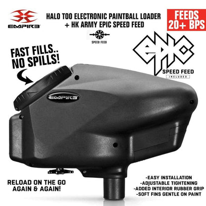 Maddog Empire Halo Too Electronic Paintball Loader with HK Army Epic Speed Feed and HPA Paintball Tank Fill Nipple Protector Accessory Package - Blackout