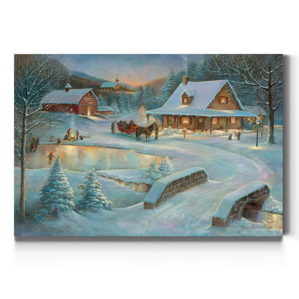 Renditions Gallery Country Winter Wall Art, Picturesque Christmas Scene, People Ice Skating, Snow Covered Barn, Premium Gallery Wrapped Canvas Decor, Ready to Hang, 8 in H x 12 in W, Made in America