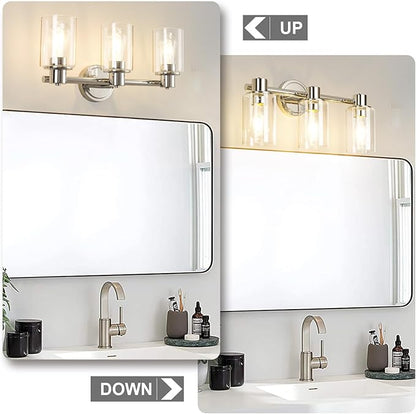 3 Light Bathroom Wall Light Fixtures Chrome Bathroom Wall Sconce with Clear Glass Lights Over Mirror Vanity Lights E26 Base