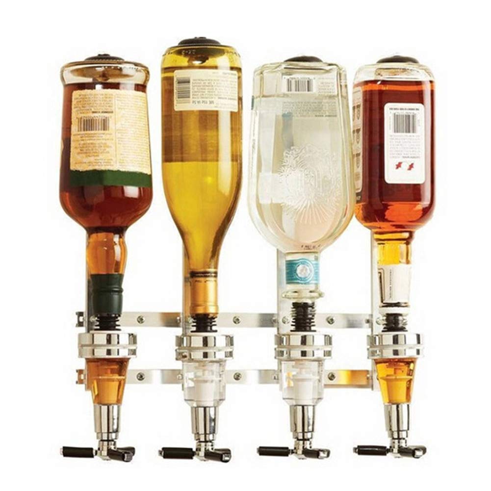 4-Bottle Liquor Dispenser, Wall Mounted Alcohol Dispenser, Spring-Loaded Upside Down Wine Beer Spirit Drink Dispenser Beverage Bottle Stand Optic Holder Rack for Home Bar KTV Night Club