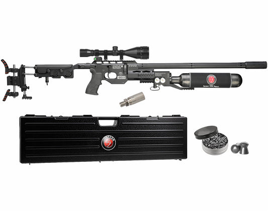Hatsan TacBoss .25 Cal 905 FPS 37 FPE 14-Shot PCP Black Air Rifle, Side-Lever Action, 580cc Air Cylinder, Dual Pressure Gauges, QE Technology w/ Wearable4U 150x .25cal Pellets & Scope w/Mounts Bundle