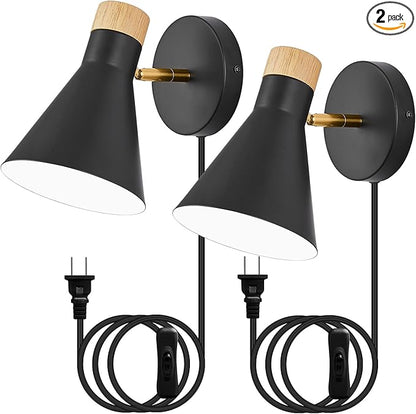 Wall Sconce Set of 2, Wall Sconce with Metal Shade, Plug Switch, Indoor Decor Wall Mount Swing Arm Lamp for Bedroom,Hallway,Living Room,Reading, Black