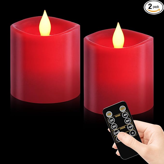 Red LED Pillar Candles, 3inch - Battery Operated with Remote Timer, Flickering Flame, Lasts Over 600 Hours, Perfect for Christmas and Halloween Deco (Red, 3"*3"-2pcs)