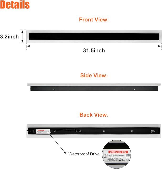 TooCust 1 Pack 31.5in Long Outdoor Modern Led Wall Light, IP65 Waterproof Modern Outdoor Wall Light, 24W Warm Light 3000K, Narrow Strip Light, Long Wall Sconce for Garage, Wired Installation
