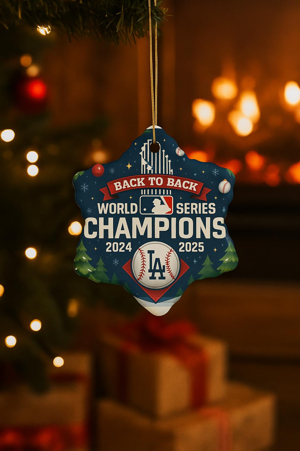 Back to Back Baseball Champions Ornament 2024 2025 – Ceramic, Heart, Circle, Snowflake Shapes – Funny Gift for Baseball Fans – Christmas Tree Decoration, Cheap Shipping (1, Snowflake)