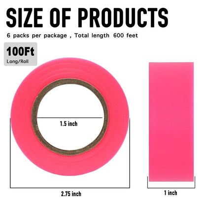 GEYYANG Fluorescent Pink Flagging Tape 6 Pack, Non-Adhesive Plastic Ribbon Tree Marking Tape, for Survey Boundaries, Hunting, Trail Marking and Hazardous Areas, 1" x 100ft,3.35 Mil
