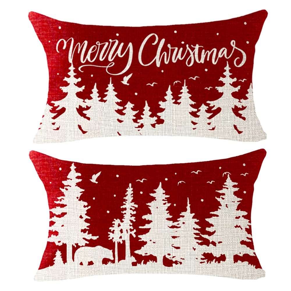NIDITW Set of 2 Merry Christmas Snowflake Pine Tree Forest Bear Winter Snow Scenery Lumbar Cotton Linen Throw Pillow Cover Cushion Case Sofa Couch Decorative Waist 12x20 Inches (1-Forest Set)