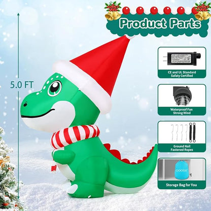 GOOSH 5 FT Christmas Inflatables Dinosaur Outdoor Decorations Blow Up T Rex with Xmas Hat Yard Decorations with Built-in LED Lights for Garden Lawn Indoor Party Décor