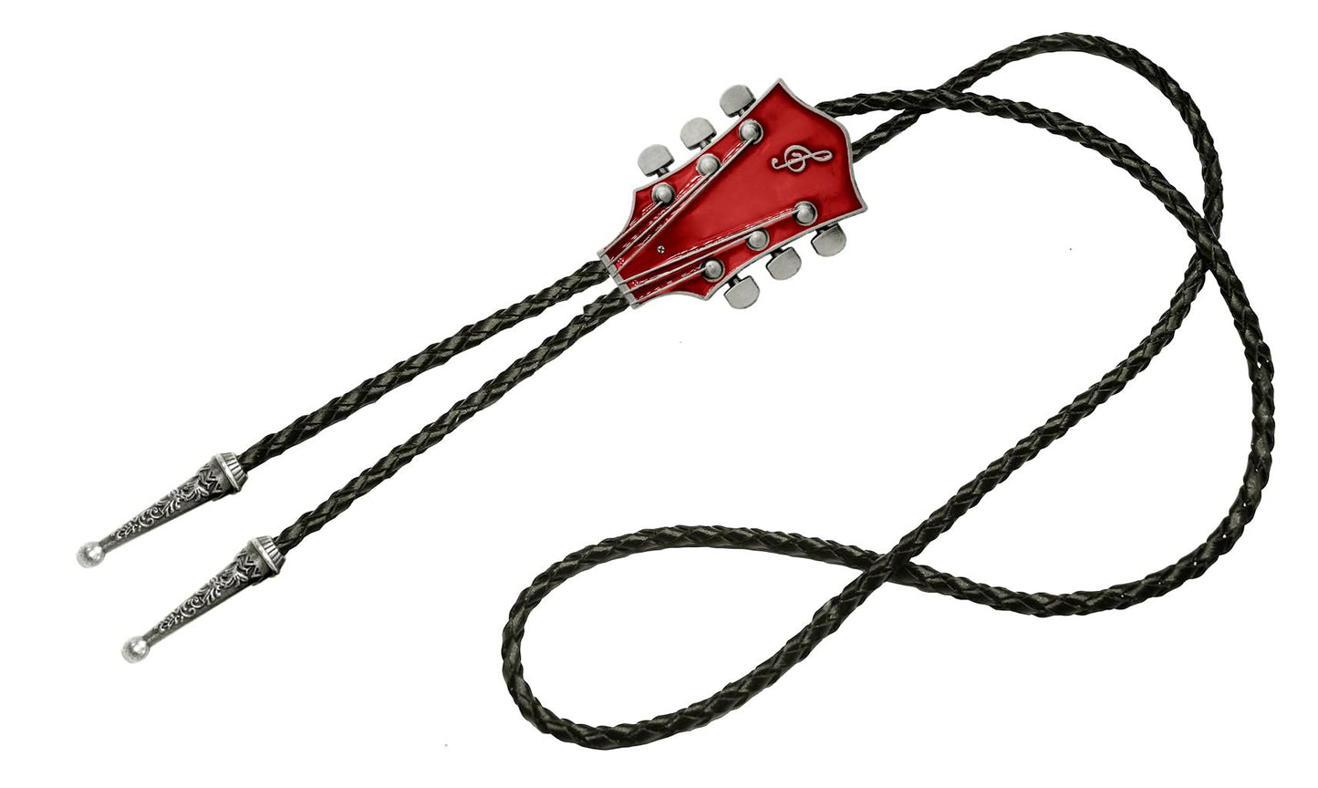 Moranse Bolo Tie With Guitar Music Lover Design Cowboy and Genuine Cowhide Rope (Red 2)