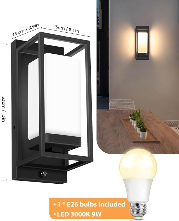 SHIMR Outdoor Wall Light with Dusk to Dawn Sensor, Black Outdoor Light Fixture with LED Bulb Included, E26 Base, Waterproof Exterior Sconce for Porch Garage Front Door