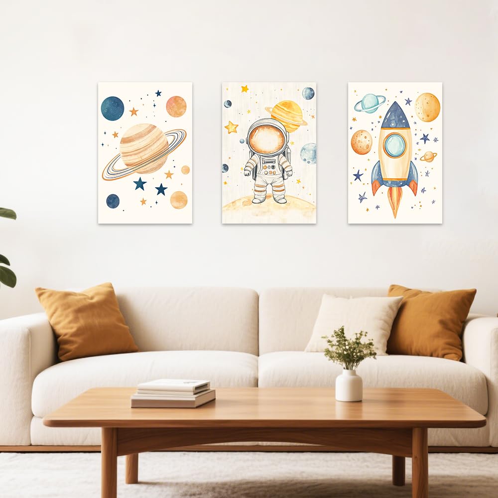 SWQYLB 3 Piece Space Wall Art for Kid Room Nursery Decor Outer Space Theme Astronauts Pictures Canvas Prints Framed Toddler Boys Girls Room Decor (11"x14"x3)