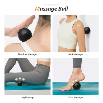 5 in1 Foam Roller Set, Trigger Point Foam Roller, Massage Roller Stick, Massage Ball, Resistance Band for Deep Muscle Massage Pilates Yoga,Fitness Exercise for Whole Body (Black-Red)