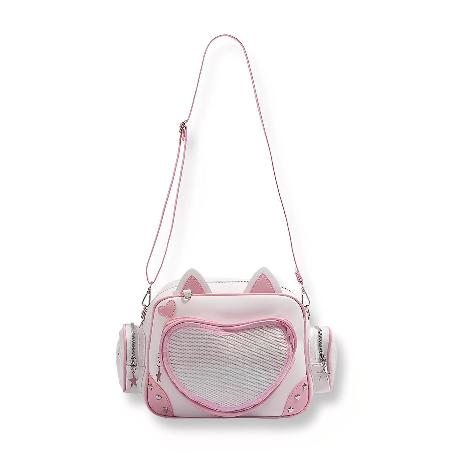 SUSTRALO Pink Cat Ita Bag Backpack with Insert, Kawaii Heart Clear Window Pin Display Backpack, Convertible PU Leather Ita Shoulder Crossbody Bag for Anime Collection