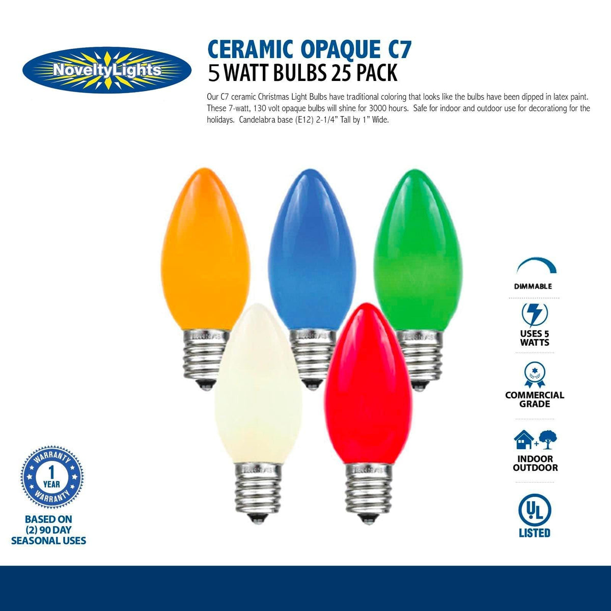 Novelty Lights Ceramic Christmas Replacement Bulbs - Outdoor Individual Bulbs for Events, Holiday Parties, Patios, and More - C7/E12 Candelabra Base, 5 Watt Lights (Multicolor, 25 Pack)