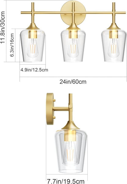 Ralbay Gold Bathroom Vanity Light 3-Lights Vintage Gold Vanity Lights Wall Lighting Clear Glass Gold Bathroom Light Fixtures Over Mirror