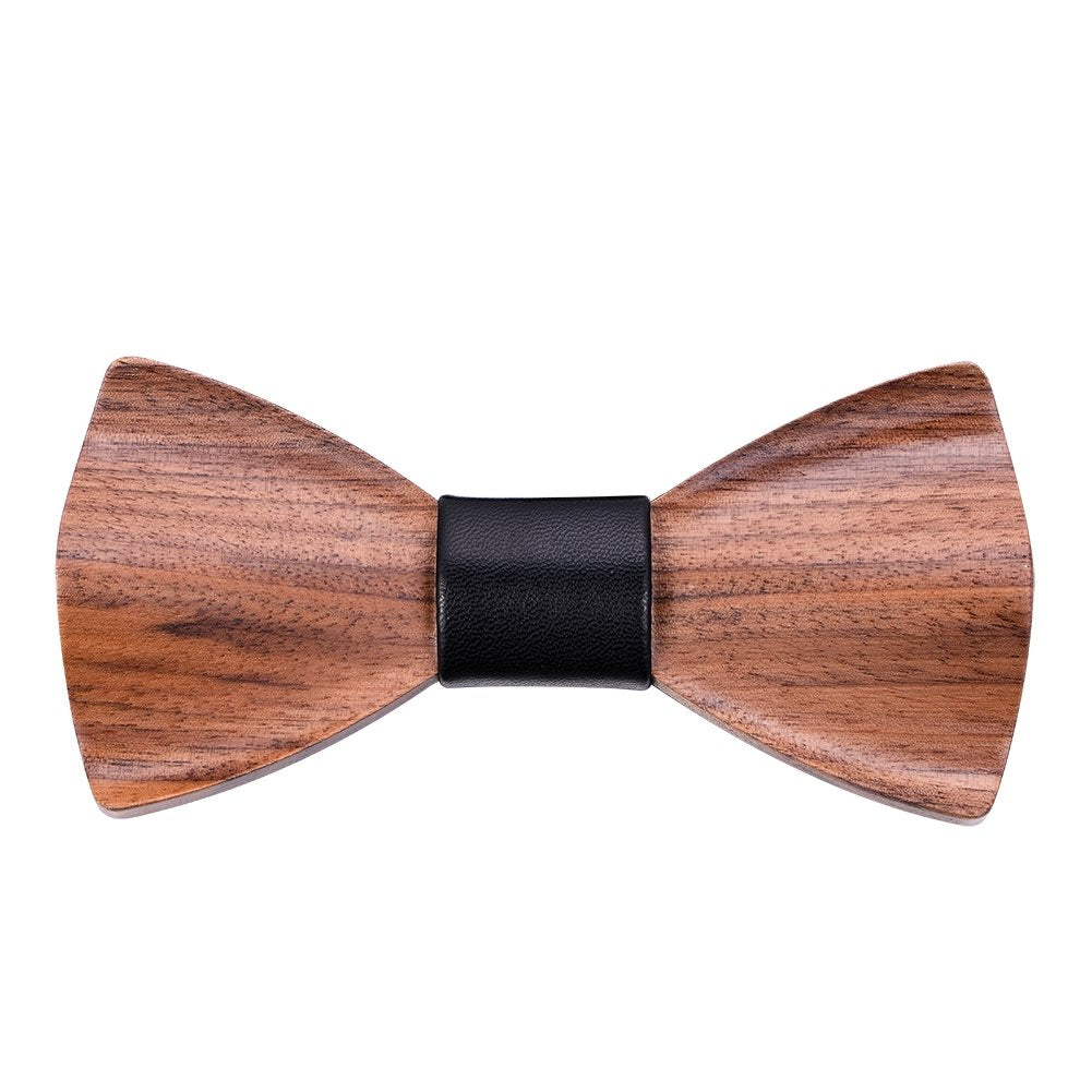 Mr.Van Handcrafted 3D Walnut Wood Bow Tie with Genuine Leather Center - Pre-tied Adjustable Collar - Natural Wood Finish (Rounded)
