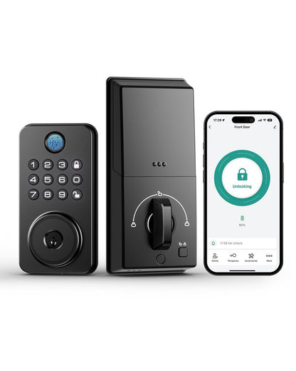 Fingerprint Door Lock with Handle, Smart Keyless Entry Door Lock with App, Stores 50 Fingerprints and 50 User Codes, IP65 Weatherproof Keypad Deadbolt for Front & Interior Doors, Auto-Lock, Black