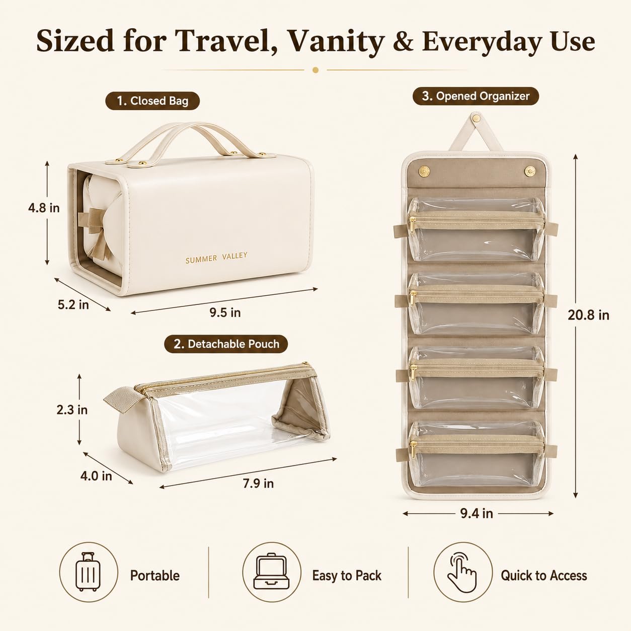 YDR 4-in-1 Travel Makeup Bag with Detachable Pouches, Large Hanging Toiletry Organizer for Women, Waterproof PU Leather Cosmetic Bag for Brushes, Toiletries & Skincare, Portable Roll Up Case