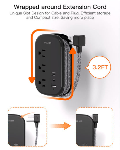 BESHON Flat Plug Power Strip, 3 Outlets with 3 USB Ports(2 USB C), Ultra Flat 3.2ft Wrapped Around Extension Cord for Cruise Ship, Travel, Dorm Room Essentials
