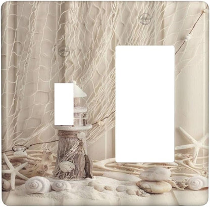 Nautical Coastal 2 Gang Light Switch Covers Seashell Fishing Net Ocean Lighthouse Starfish Single Toggle Rocker Combo Wall Plate Electrical Faceplate Decorative Switchplate Beach Theme Decor