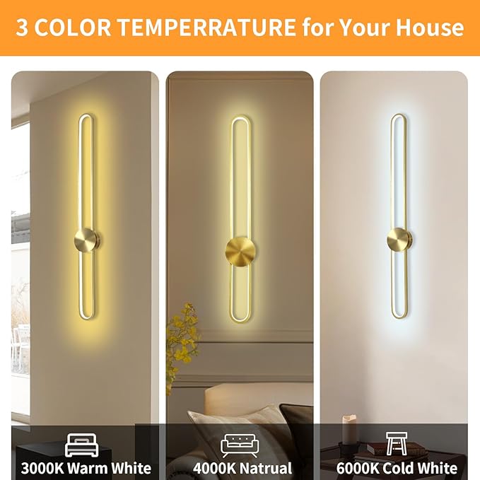 Modern Wall Sconce Dimmable 3000K/4000K/6000K LED Wall Light Fixture, Hardwired Wall Lamp for Living Room, Dining Room, Bedroom, Hallway, Lobby, Entryway (Brushed Gold, 43.3inch/H110cm)