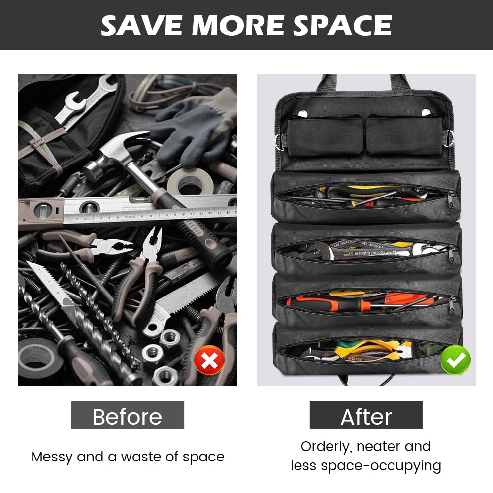 Roll Up Tool Bag, Heavy-Duty Waterproof Tool Roll Organizer with 4 Compartments and 2 Detachable Zipper Pouches, Compact Tool Storage for Mechanics, Electricians, RV and Motorcycle (Black)