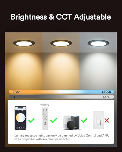 Lumary Black Smart WiFi Recessed Lights 6 Inch, Color Changing LED Recessed Lights with J-Box 13W 1000LM, Dimmable Canless Wafer Downlight, Compatible with Alexa/Google Assistant, ETL Listed, 4 Pack