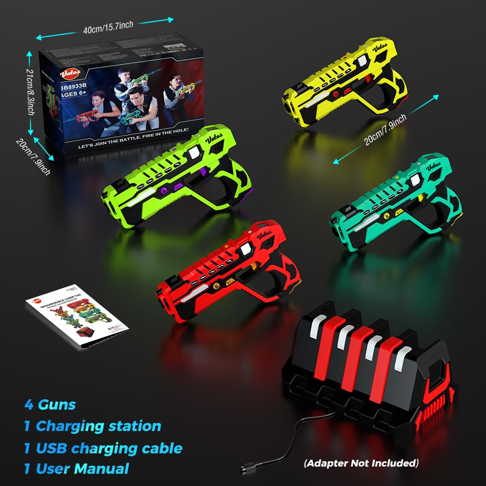VATOS Rechargeable Infrared Laser Tag Set - 4 Player Toy Blaster with Charging Station, No Vests Needed, Infrared Laser tag with Data Display for Kids Teen Adults Family Group Activity Game