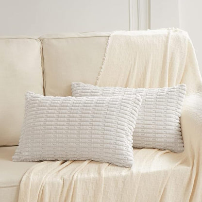 Fancy Homi Pure White Lumbar Decorative Throw Pillow Covers 12x20 Inch for Living Room Couch Bed Sofa, Rustic Farmhouse Boho Home Decor, Soft Striped Corduroy Rectangle Cushion Case 30x50 cm