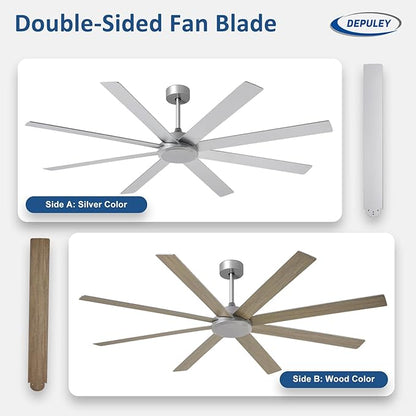 Depuley Large Ceiling Fan without Light: 72 Inch Indoor/Outdoor Fan Reversible DC Motor 6 Speed - Dual 8 Blades Big Ceiling Fans with No Light for Living Room Covered Patio, Silver