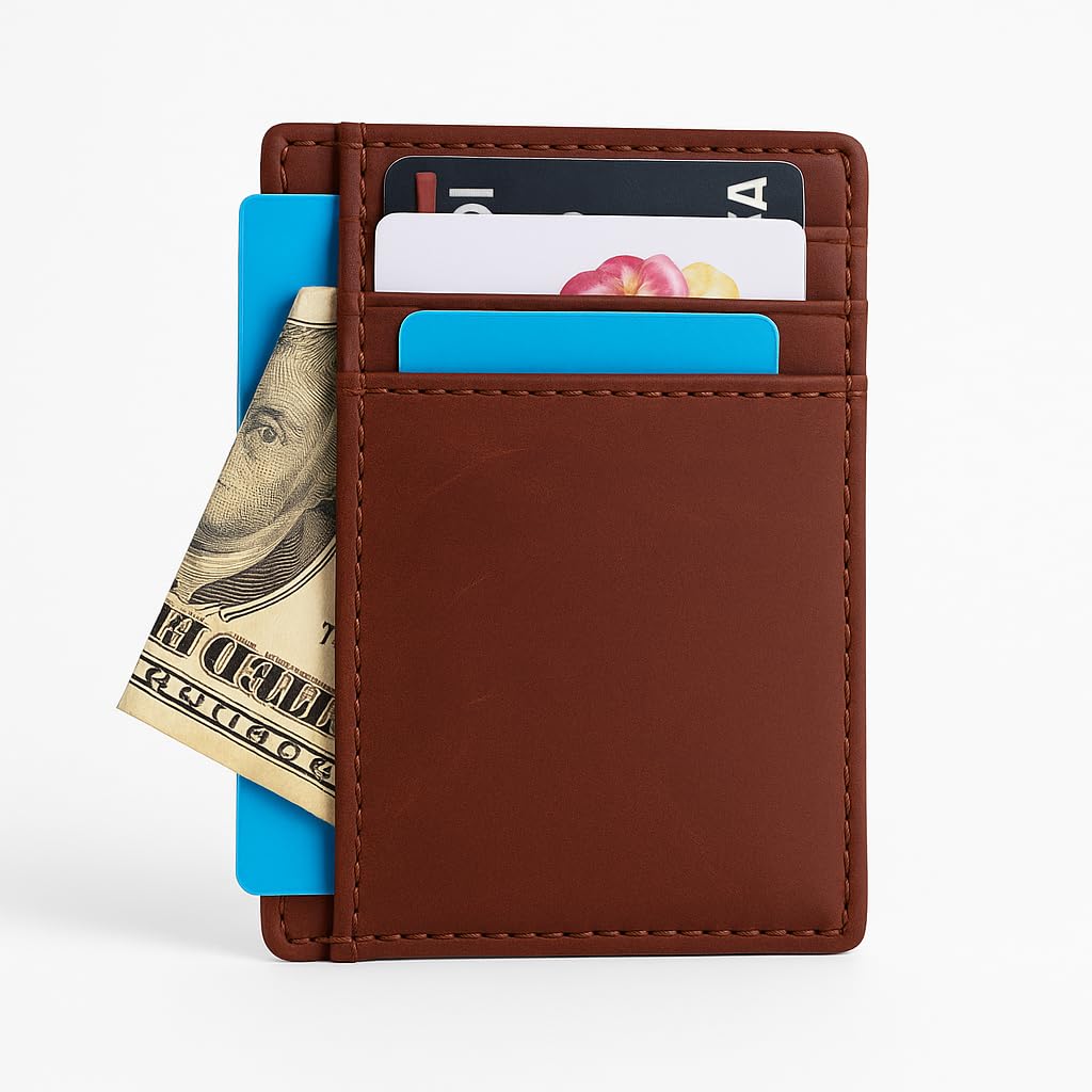 PavinCrafter Slim Leather Wallet for Men & Women – Minimalist Front Pocket Card Holder, Small Money Clip Wallet, Genuine Leather Credit Card Case (Tan)