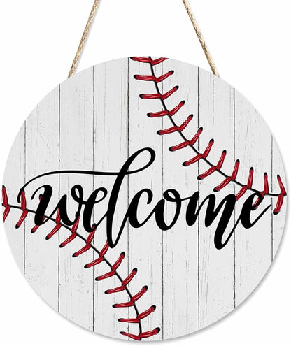 Welcome Sign for Front Door Welcome Baseball Door Sign 12In Wooden Wreath Wall Hanging Sign for Indoor Outdoor Seasonal Decor