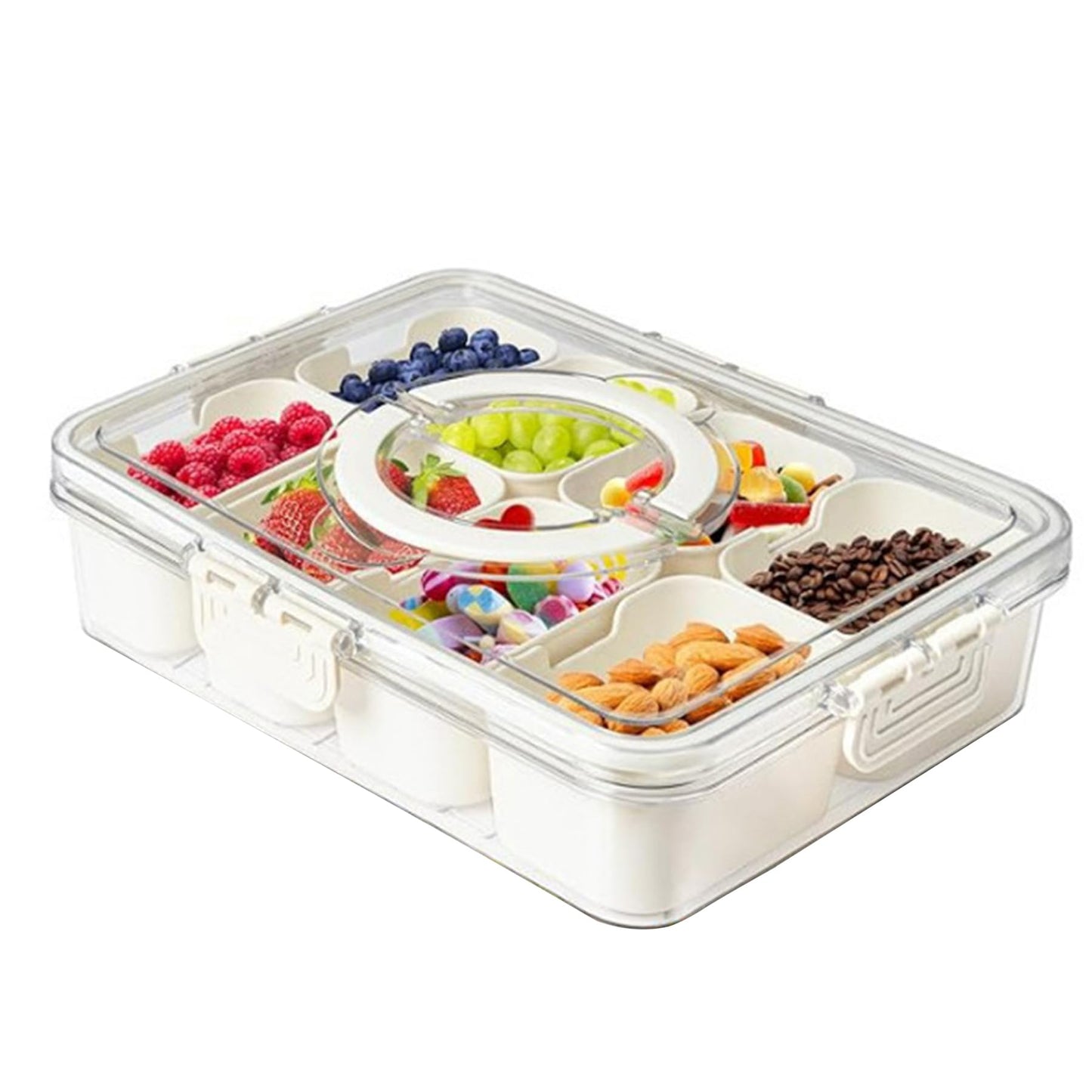 Plastic Divided Serving Tray with Lid and Handle Snack Box Charcuterie Container Portable Snack Platters Organizer for Candy, Fruits, Snacks, Nuts, for Party, Entertaining (White 8 compartments)