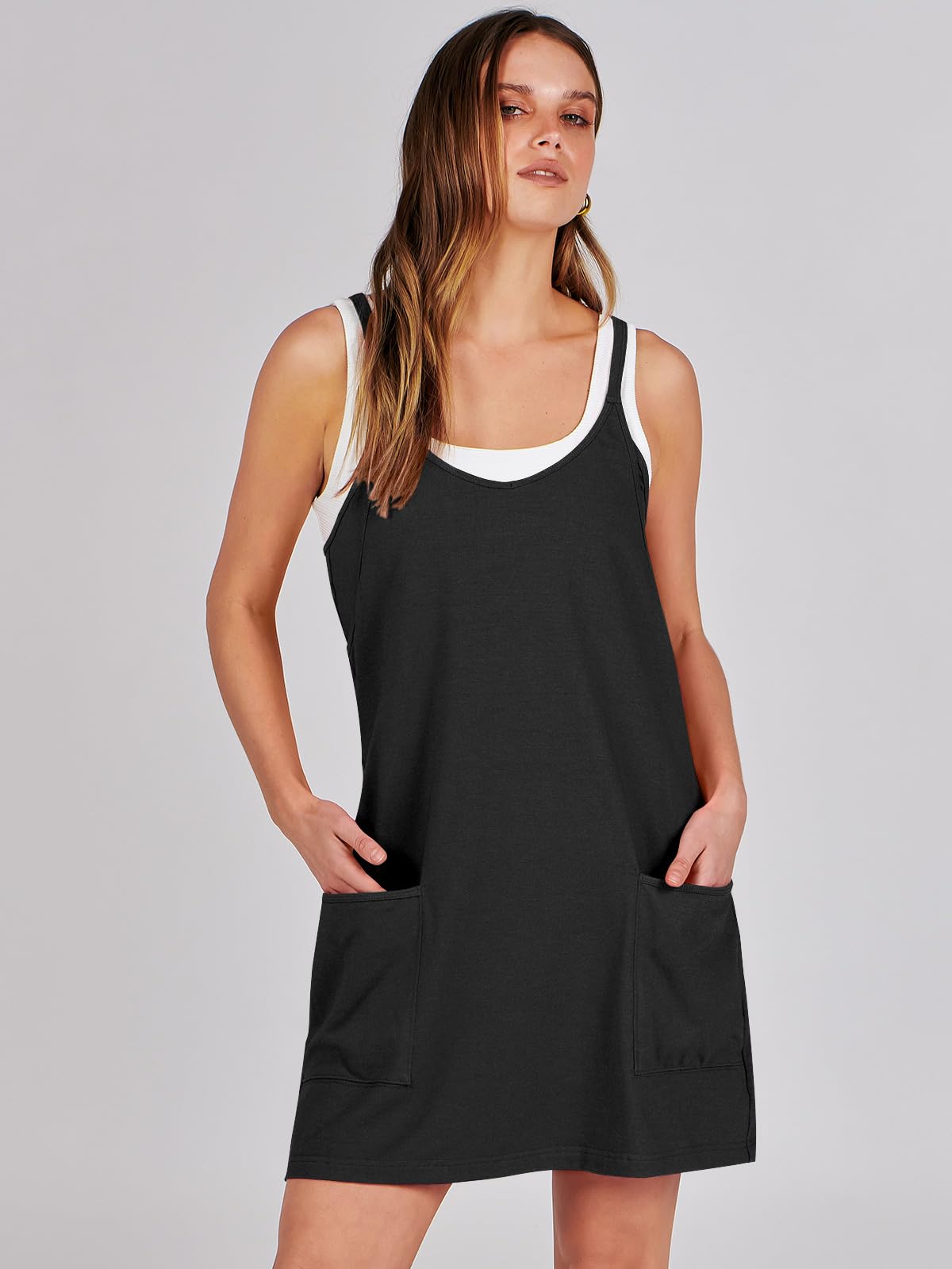 ANRABESS Women Athletic Dress Summer Tennis Workout Active Sports Mini Romper Dress Built in Shorts Travel Vacation Clothes Black Medium