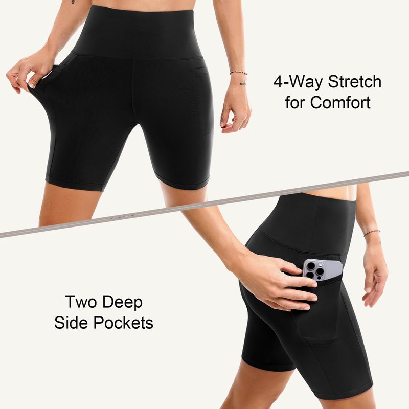 Leafigure 2 Pack Womens Biker Shorts with Pockets, High Waisted Tummy Control Yoga Shorts for Women Running Gym and Workout Black/Red L-XL