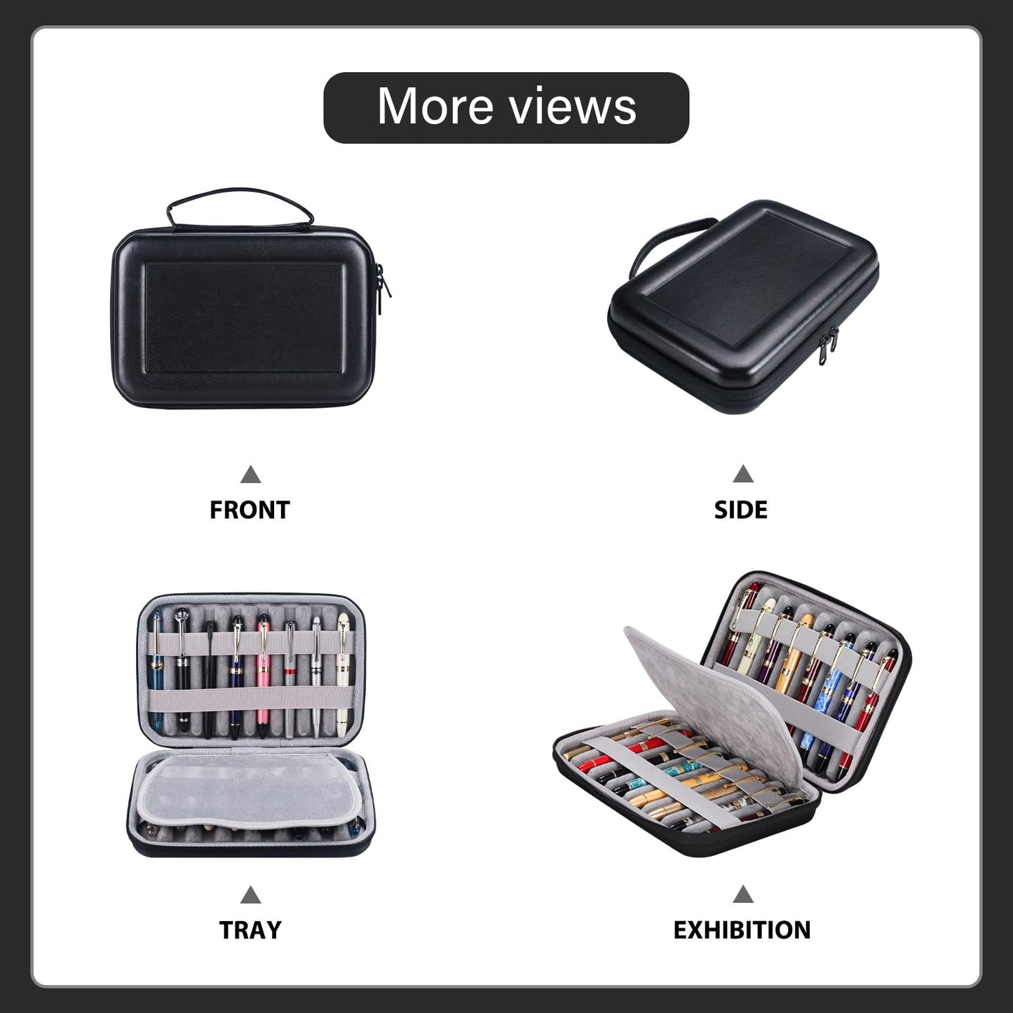 MIVLXLX PU Leather 16 Slots pen case/boxes， Pencil Tray Case Organizer,Handmade Display Zippered Pouch for Rollerball Pen，fountain pen-Retro（black）