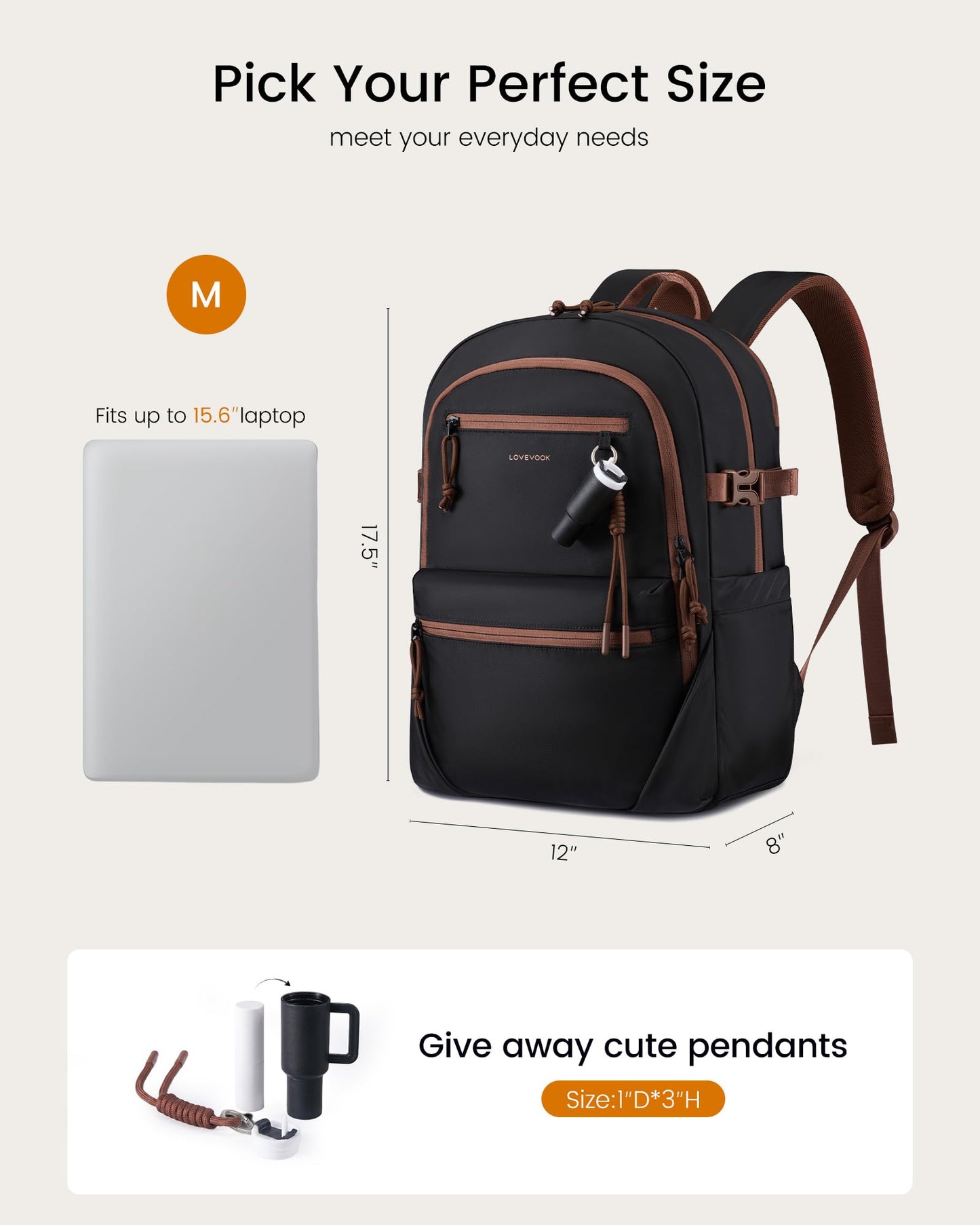 LOVEVOOK Laptop Backpack with Cute Pendant,15.6 Inch Travel Work Backpack Computer Laptop Bag with Large Cup Holder,Waterproof Nurse Teacher College Carry on Backpack Purse,Gifts for Women & Men,Black