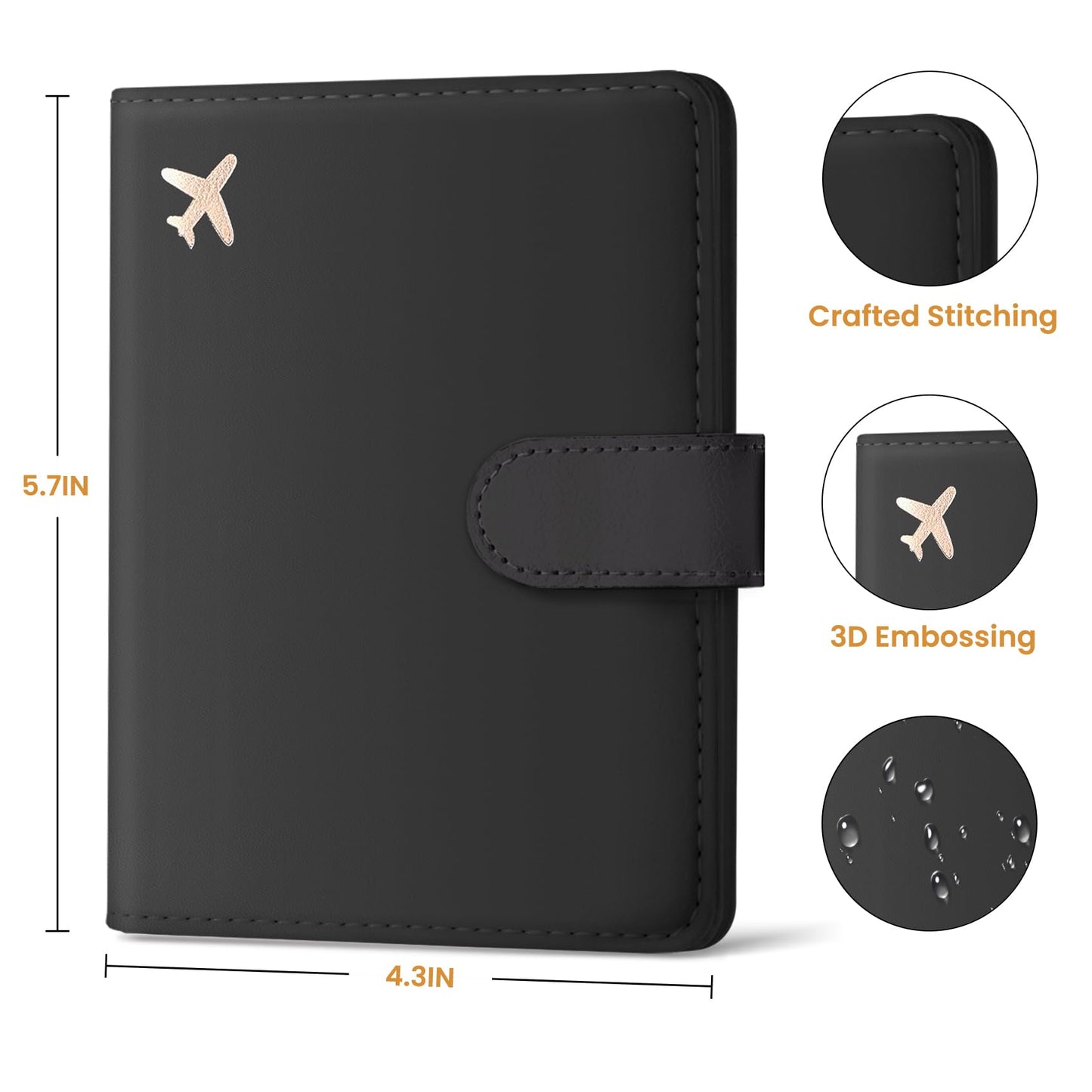 Passport Holder for Travel Essentials, RFID Blocking Leather Cover Wallet with Magnetic Closure, Aesthetic & Cute Passport Book Case for Women and Men - Black