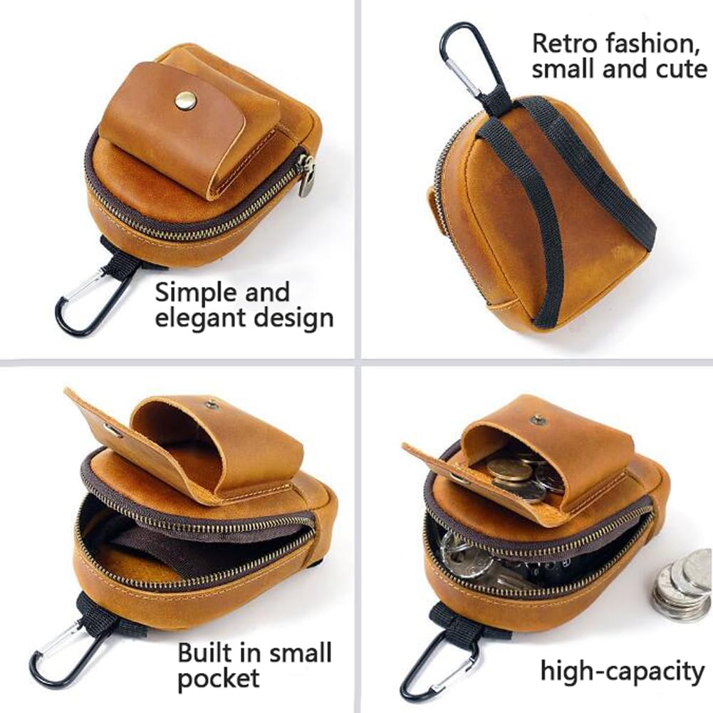 Genuine Leather Mini Backpack Keychain Medieval Pouch Coin Organizer Change Holder Zipper Pouch for Men Women Brown (Brown)