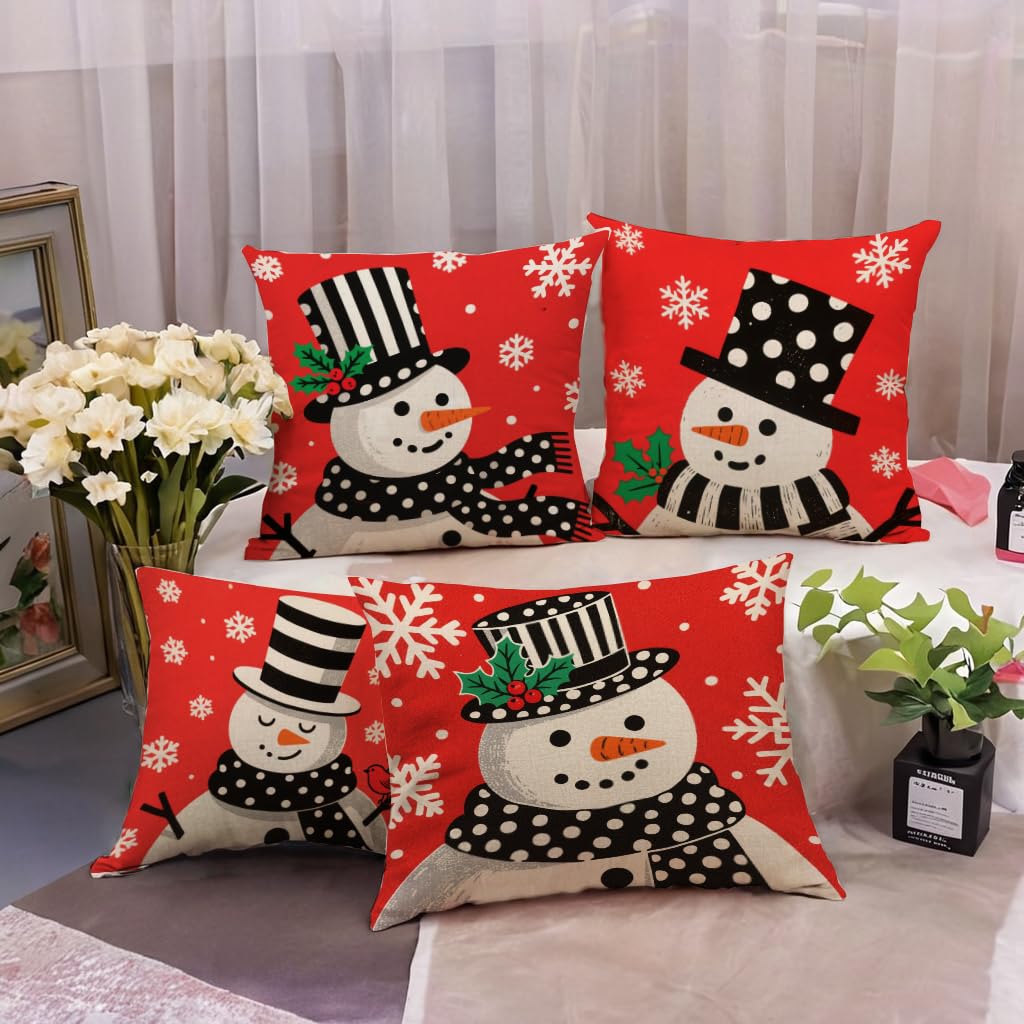 7COLORROOM Set of 4 Christmas Red Pillow Cover Lovely Snowman Festival Throw Cushion Cover Home Decorative Winter Cotton Linen Pillowcases 18" x 18"(Snowman)
