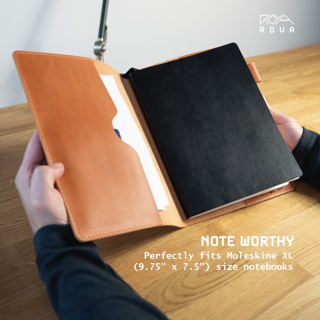 ROVA Full Grain Leather Notebook Journal Cover - Hand Crafted in the USA - Fits Moleskine XL (9.75" x 7.5") - Lay Flat Design with Pen Loop - Brown