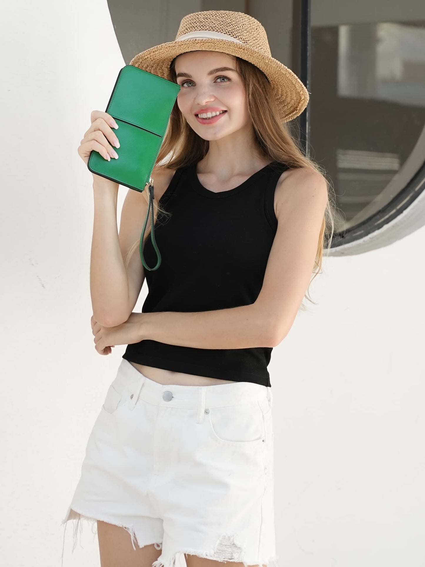 befen Genuine Leather Wristlet Clutch for Women Ultra-Slim Ladies Credit Card Holder Wallet Purses with RFID Protection (Kelly Green)