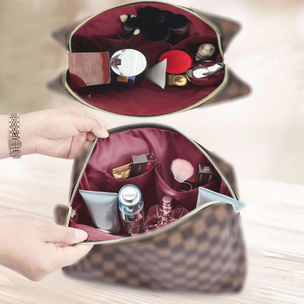 bopomofo Brown Checkered Cosmetic Bag 3 Pack,1 Big Pouch,1 Makeup Brushes Holder, 1 Coin Purse,Portable Travel Makeup Bag Set Lightweight and Waterproof Storage Bag Organizer (Brown Checkered 3 Pcs)
