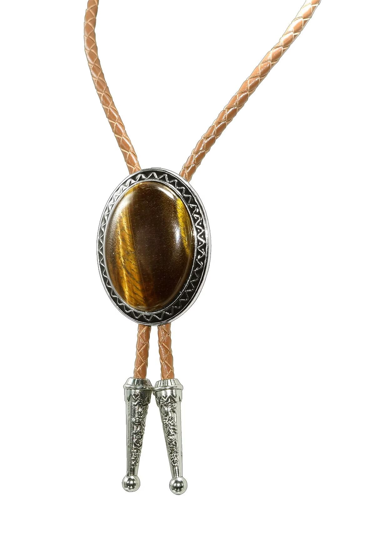Moranse Bolo Tie with Natural Tiger Eye Stone Celtic Style Genuine and Colored Cowhide Rope