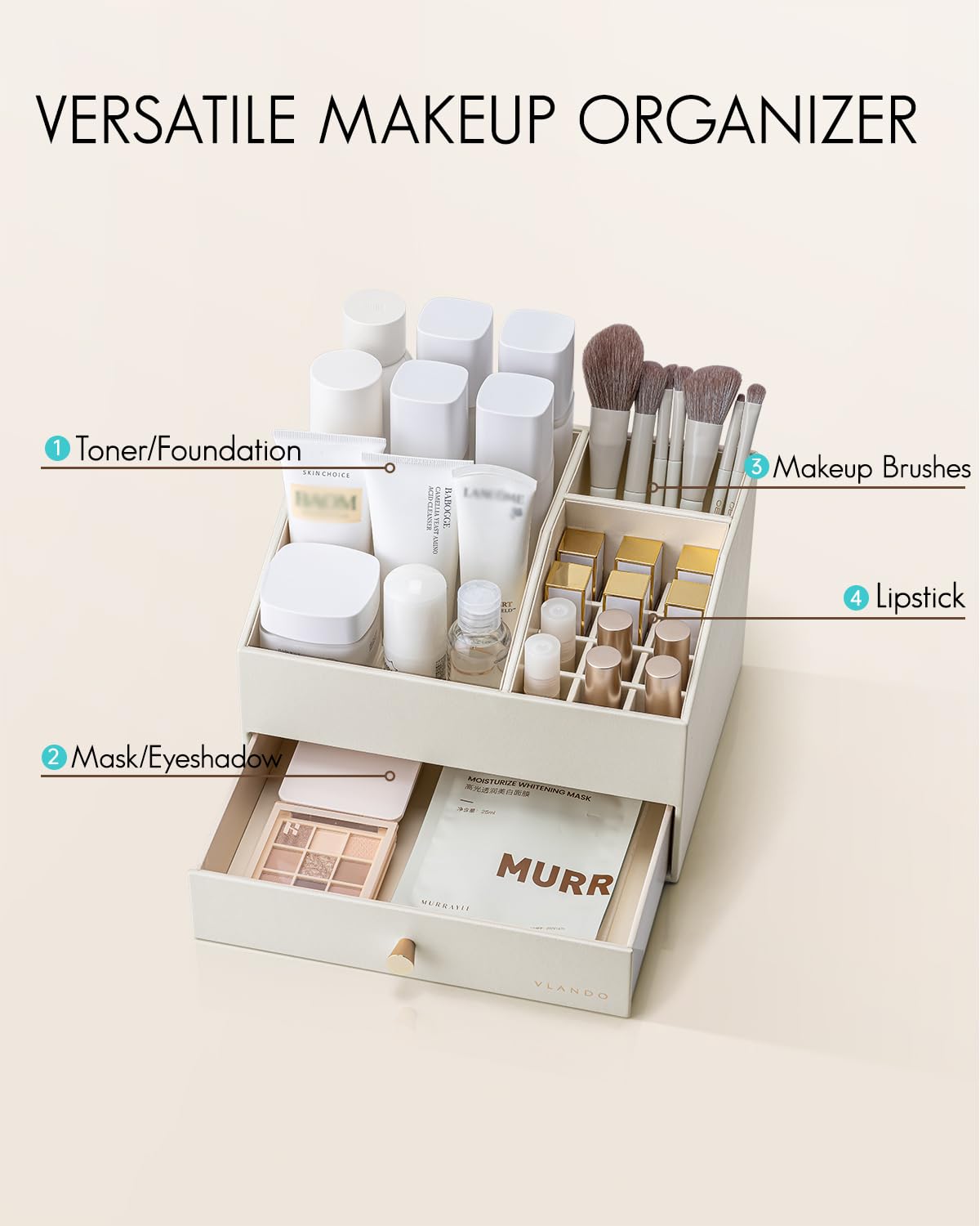 VLANDO Makeup Organzier,Vanity Organizer with Drawers, PU Leather Skincare Organizer Perfume Organizer,Large Cosmetic Display Case for Lipstick,Brushes Gifts for Women-Beige