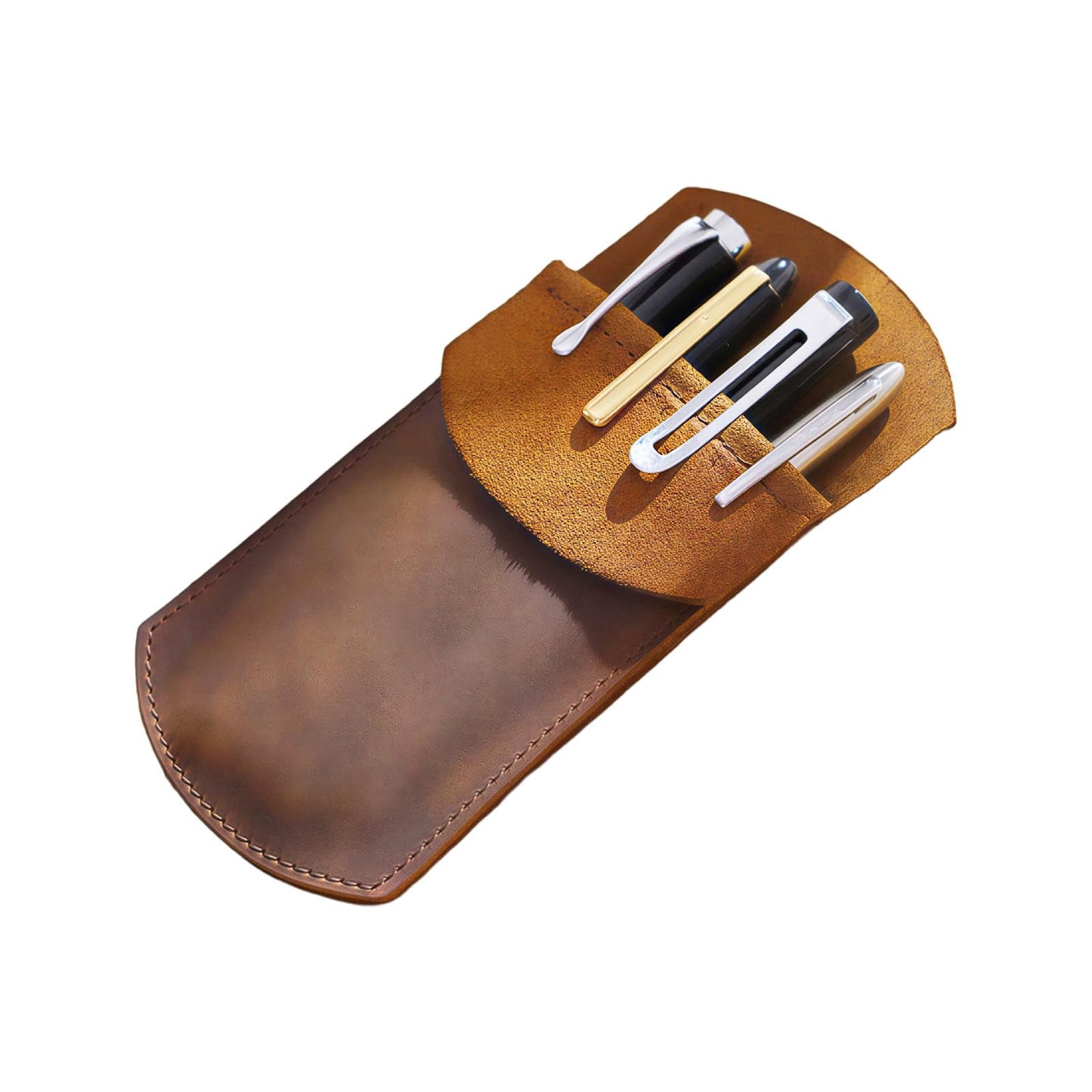 Yeedonzo Leather Pen Case Holder, Handmade Crazy Horse Pen Protector for Fountain Pens, Pen Holder, Pencil Case, Pen Pouch Genuine Leather (Brown, 4 Pen)
