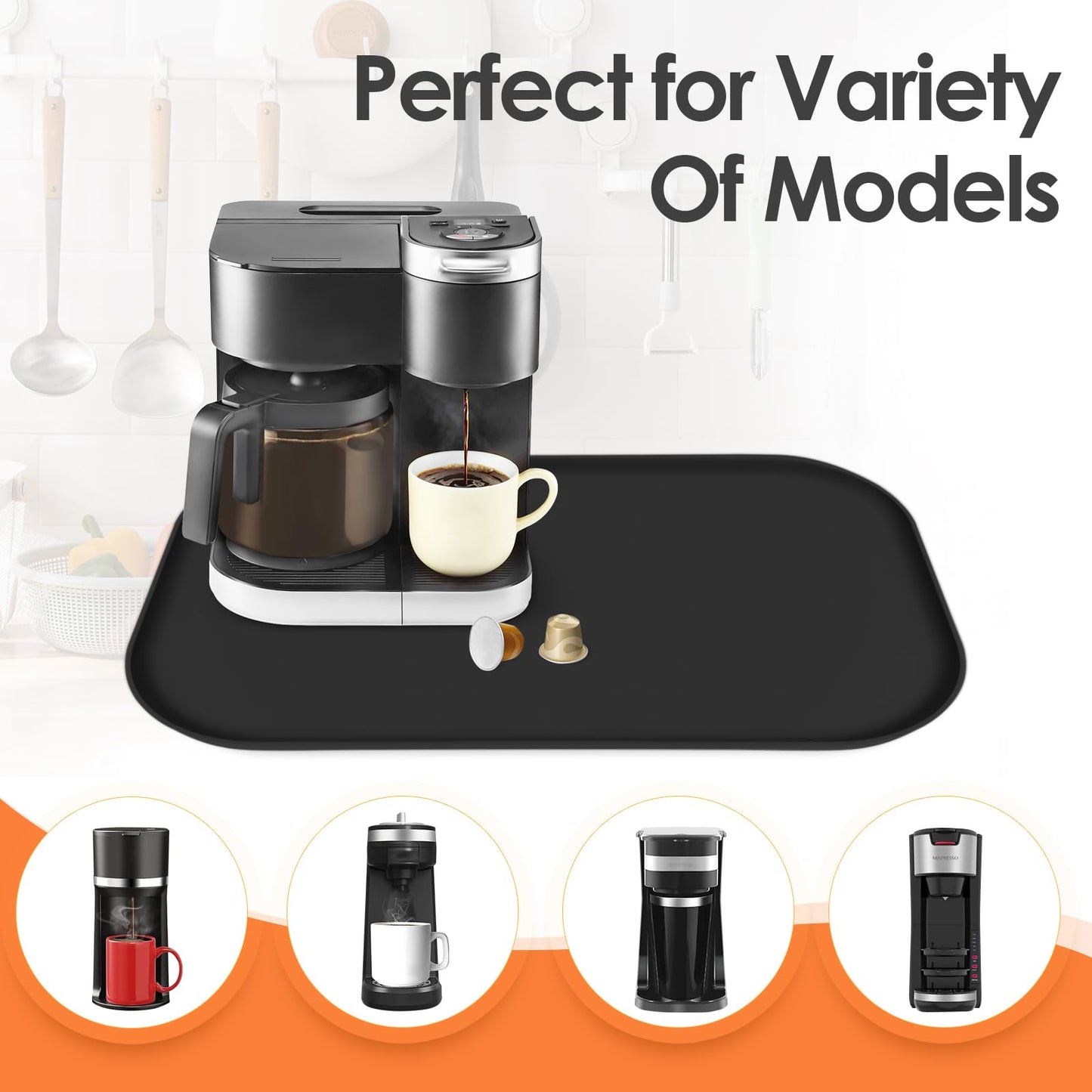 TOHONFOO Silicone Coffee Mat with Lip, 19.7'' x 15'' Heavy Duty Bar Mat, Coffee Tray for Countertop Fit Under Machine Pot Espresso Machine, Grey