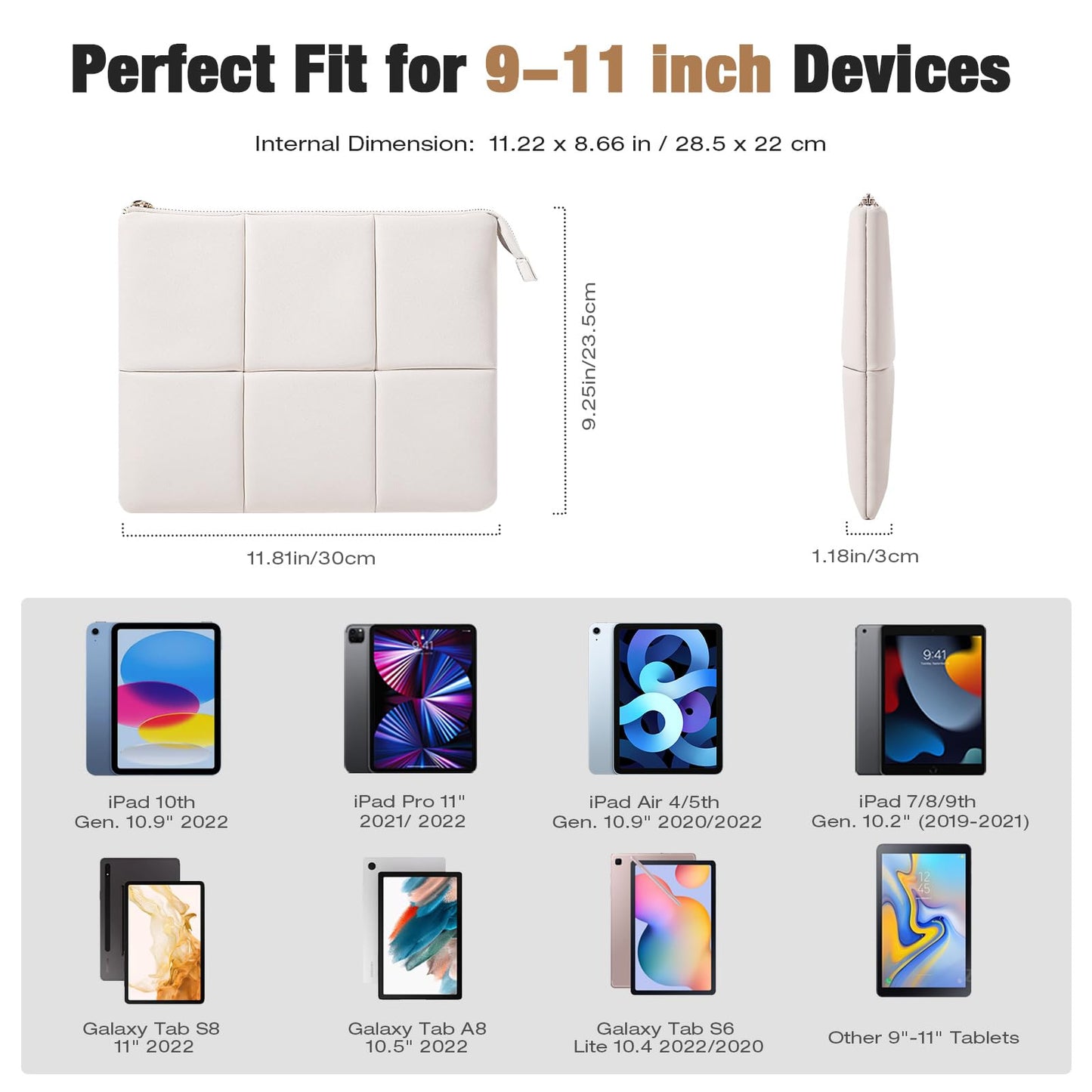 MoKo 9-11 Inch Puffy Tablet Sleeve Bag Fit with New 11-inch iPad Pro M4/iPad Air M2, iPad 10th Gen 10.9, iPad Pro 11, iPad Air 4/5th Gen 10.9, Built-in Elastic Band, PU Leather Carrying Case, White