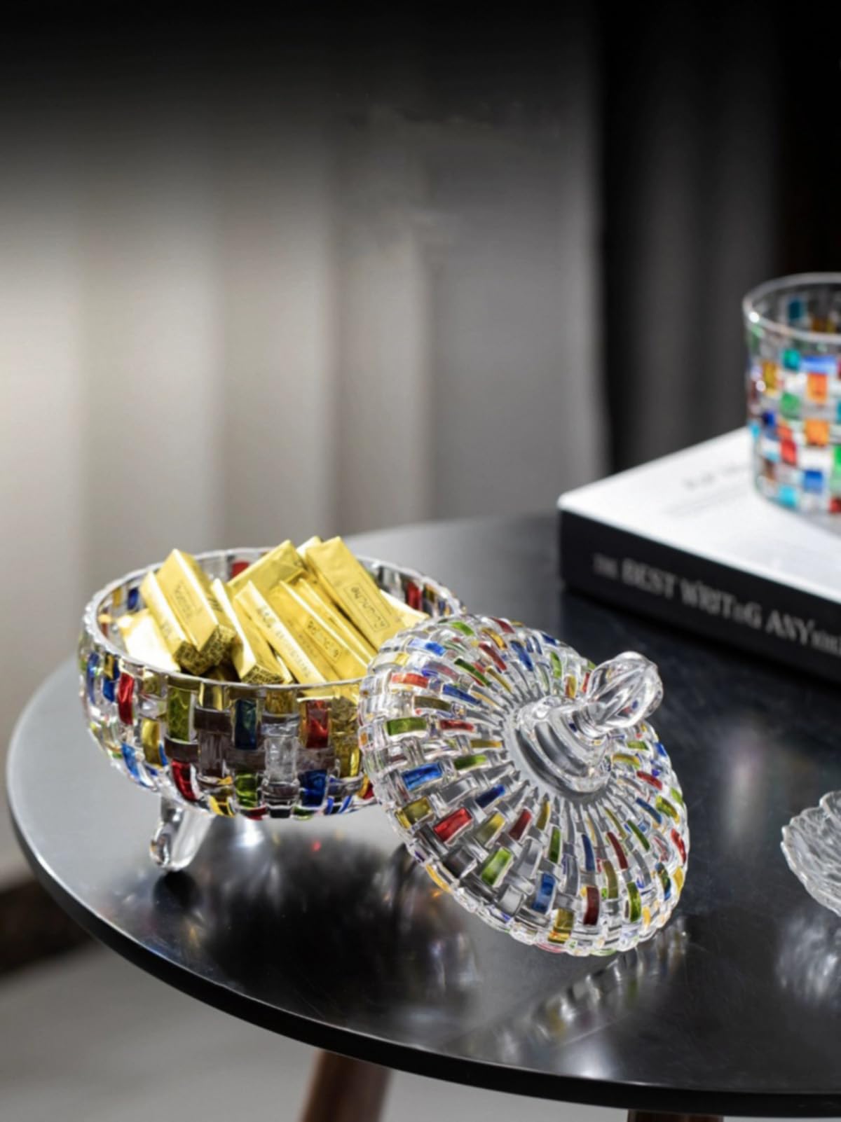 MAGCOLOR Elegant-Hand Painted Colorful Large Crystal Glass Candy Box,Christmas Candy jars with Lid,Storage Jewelry Jar,Candy dish covered,Great Gift for Family Friends-24 oz-Cute Candy servers.